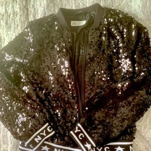 H&M girls sequinned bomber jacket. Size 8-10.